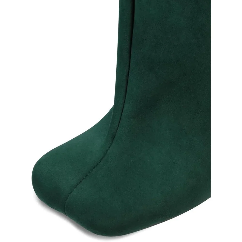 Women's Green Wide Calf Square Toe Stiletto Heels Knee High Suede Boots